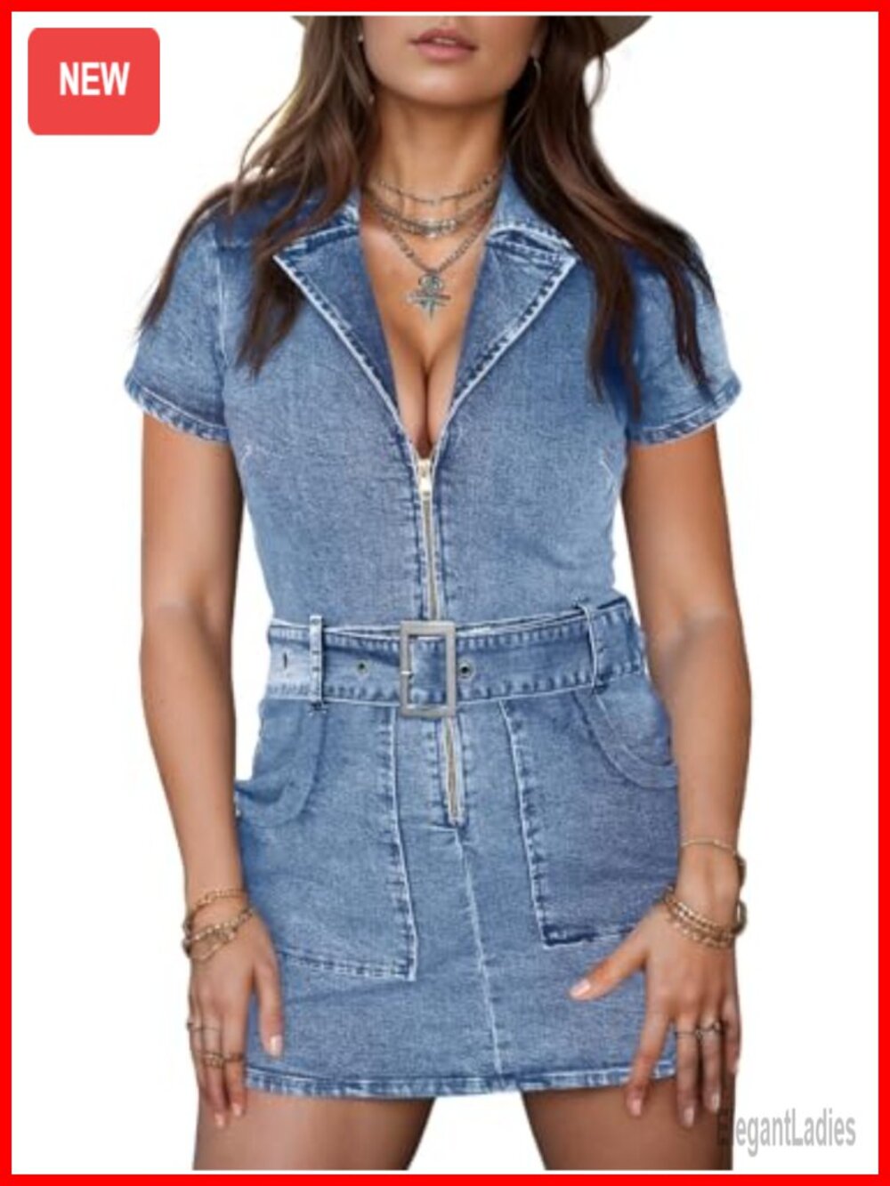 Womens Denim Bodycon Dress V-Neck Zip Front Belted Mini Jean Dress